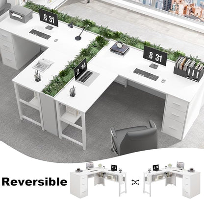 LVB Reversible L Shaped Desk with Drawers, White Computer Desk with Storage | 59" Adjustable Modern Executive Office Desks, Adjustable Corner Design for Gaming Spaces and Home Workstations