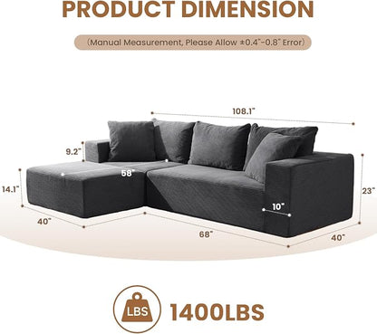 Modular Sectional Sofa Modern 108" L Shaped Boneless Cloud Couch with Deep Seat,Sectional Couch for Living Room Bedroom Apartments Dorms,No Assembly Required Ships in a Box, Dark Grey