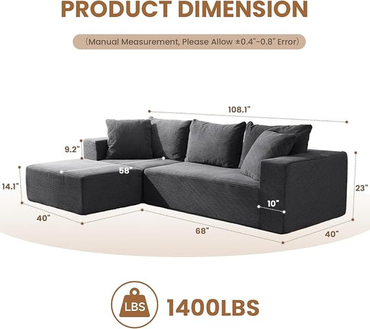 Modular Sectional Sofa Modern 108" L Shaped Boneless Cloud Couch with Deep Seat,Sectional Couch for Living Room Bedroom Apartments Dorms,No Assembly Required Ships in a Box, Dark Grey