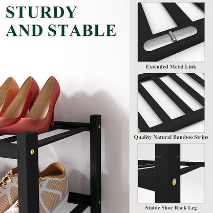 Smiry Long Bamboo Shoe Rack, 5 Tier Free Standing Wooden Shoe Organizer, Stackable Wood Shoe Storage Shelf for Closet, Entryway, 12 Vertical Slats, 2+2+1 Stack Standard Legs, 33.7"x11"x32.5", Black