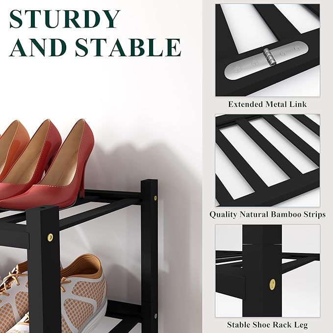 Smiry Long Bamboo Shoe Rack, 3 Tier Free Standing Wooden Shoe Organizer, Stackable Wood Shoe Storage Shelf for Closet, Entryway, 12 Vertical Slats, 2+1 Stack Standard Legs, 33.7"x11"x19.5", Black