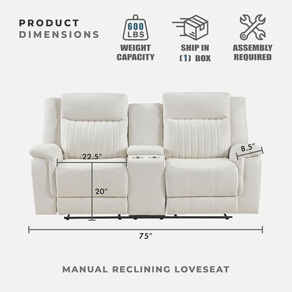 Lexicon Manual Double Reclining Loveseat, Polished Microfiber Manual Wall Hugger Loveseat Recliner for Living Room, Center Storage Console/Cup Holders, Easy Assembly, Beige