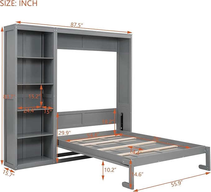 Merax Space-Saving Gray Murphy Bed Full Size with Adjustable Storage Shelves, Multifunctional Foldable Wall Bed for Small Spaces Studio Study Office Guest Room