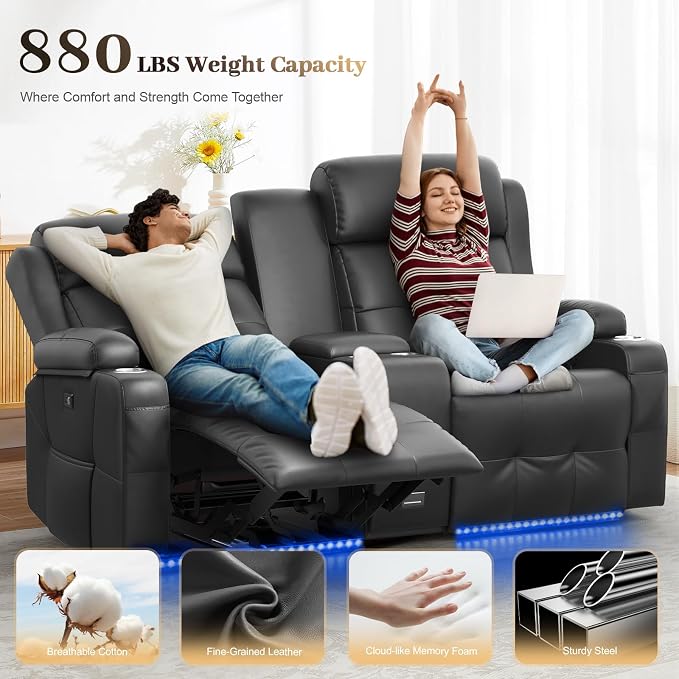 Reclining Loveseat, Massage Loveseat Recliner Sofa Heavy Weight Capacity, RV Love Seat Chair Clearance with Console, USB, Type C Port, Storage, Cup Holders, Wall Hugger Couch for Living Room