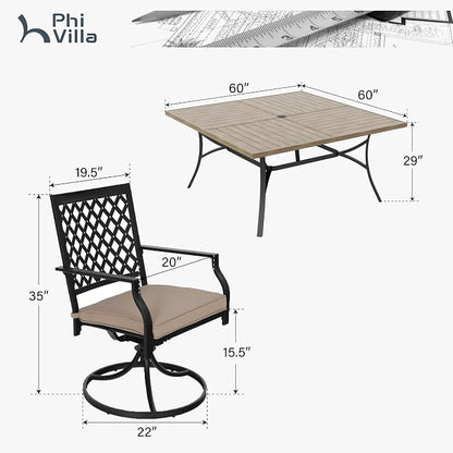 PHI VILLA 9 Pieces Outdoor Dining Set for 8, 60" Square Metal Steel Table with Wood-Like Tabletop & Swivel Wrought Iron Chairs with Cushions, Large Outside Furniture Set for Patio, Deck, Yard, Porch