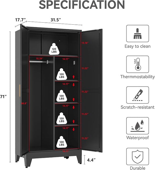 COFaR Metal Armoire Wardrobe Closet with Doors and Shelves & Hanging Rod, 71" Tall Freestanding Wardrobe Storage Cabinet, Bedroom Armoires,Steel Wardrobe Cabinet for Cloak Room,Laundry Room,Gym,Office