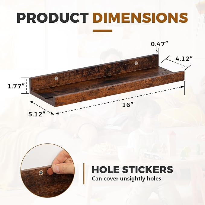 Muzilife 16" Floating Wall Ledge Shelves with Lip - Set of 2 Wood Floating Shelves - Widened Honey Wall Mounted Picture Ledge for Office, Bathroom, Bedroom, Living Room, Kitchen