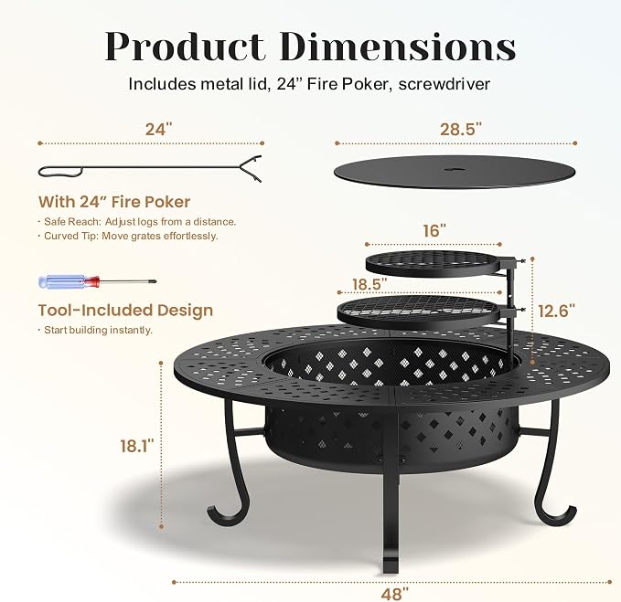 Outdoor Fire Pit, 48" Fire Pit for Outside Wood Burning with Adjustable 2 Grills, Firepit with Lid and Fire Poker, BBQ, Bonfire, Round Outdoor Fireplace 3 in 1 for Patio, Backyard, Garden, Camping