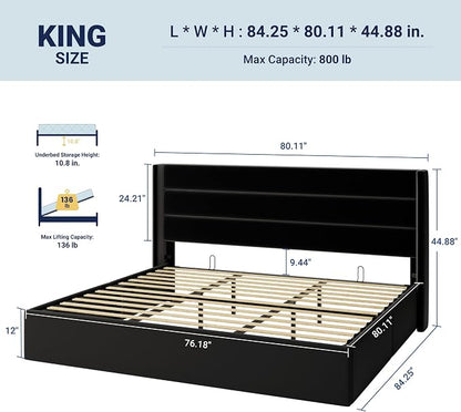 Allewie King Size Velvet Lift Up Storage Bed, Modern Wingback Headboard, Hydraulic Support, No Box Spring Needed, Black