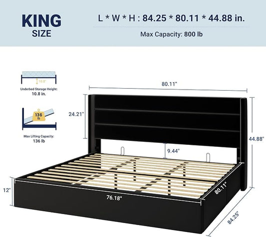 Allewie King Size Velvet Lift Up Storage Bed, Modern Wingback Headboard, Hydraulic Support, No Box Spring Needed, Black