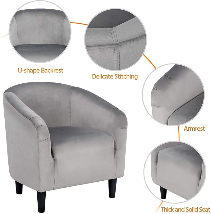 Topeakmart Velvet Accent Chair, Modern Club Chair Upholstered Armchair with Solid Legs Comfy Sofa Chair for Living Room/Bedroom/Waiting Room, Grey