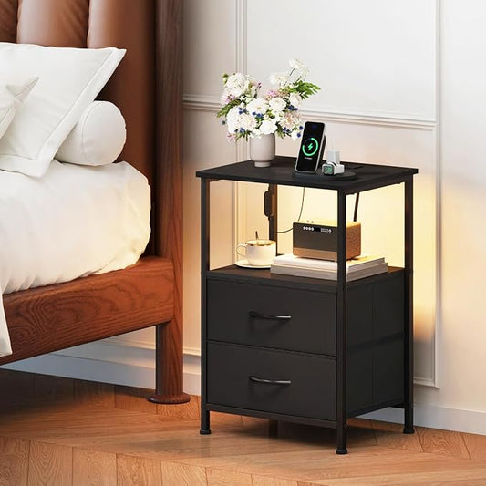 Somdot Nightstands Set of 2,End Tables with Charging Station and LED Lights,Black Night Stand with 2 Fabric Drawers, Bedside Table for Dorm Guest Room Bedside Kids Entryway Hallway, Black