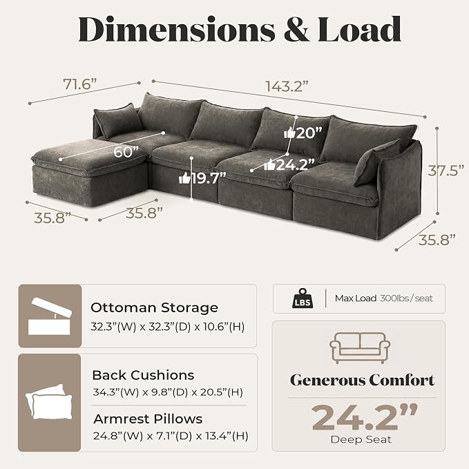 Cloud Modular Sectional Sofa, Oversized Deep Seat Comfort, Luxe Chenille | Fully Removable Washable Covers, Memory Foam Seat Cushions, Storage Ottoman, Premium Fabric