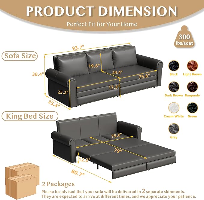 93.7" King Size Sleeper Sofa Bed, Pull Out Sofa Bed, Faux Leather Upholstery, 3 in 1 Convertible Sleeper Couch, Chaise Lounge, Retro Recliner for Living Room, Apartment, Office, Grey