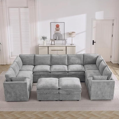 130" Light Grey Oversized Modular Storage Sofa, U Shaped Chenille Couch | Oversized Convertible Sectional Sofa, 9-Seat Sectional Couch With 2 Ottomans, Large Cloud Couch For Living Room, Apartment.