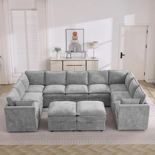 130" Light Grey Oversized Modular Storage Sofa, U Shaped Chenille Couch | Oversized Convertible Sectional Sofa, 9-Seat Sectional Couch With 2 Ottomans, Large Cloud Couch For Living Room, Apartment.