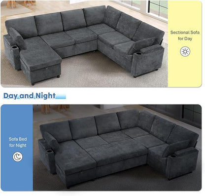 110" Chenille Sectional Sofa w/Pull Out Bed & Storage Chaise, Grey | Reversible U Shape Sofa w/Storage Armrests & Cup Holders, Corner Couch w/USB Charging Port & Throw Pillows for Living Room