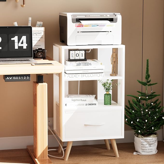Aenuert Night Stand with Charging Station, White Nightstand with Drawer, 3-Tier Wooden Bedside Table with USB Ports and Outlets, End Table for Small Space, Living Room, Bedroom