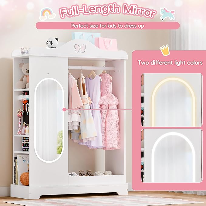 Xilingol Kids Armoire Dress Up Storage with Mirror, Kids Wardrobe Closet with Jewelry Cabinet and Storage Shelves, Open Hanging Armoire Costume Organizer for Bedroom (White)