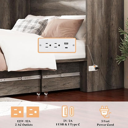 AMERLIFE Queen Murphy Bed Cabinet with 6" Tri-Fold Memory Foam Mattress, Storage Drawer & Charging Station, Space-Saving Guest Bed for Home Office, Rustic Grey