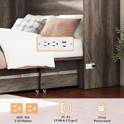 AMERLIFE Full Murphy Bed Cabinet with 6" Tri-Fold Memory Foam Mattress, Storage Drawer & Charging Station, Space-Saving Guest Bed for Home Office, Rustic Grey