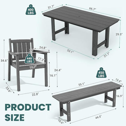 Pamapic 5 PCS Outdoor Dining Set, Spacious HDPE Outdoor Table and Chairs with 2 Bench, Wood Grain Patio Furniture Sets with Elegant Armrest, All-Weather Outdoor Furniture with Umbrella Hole, Gray