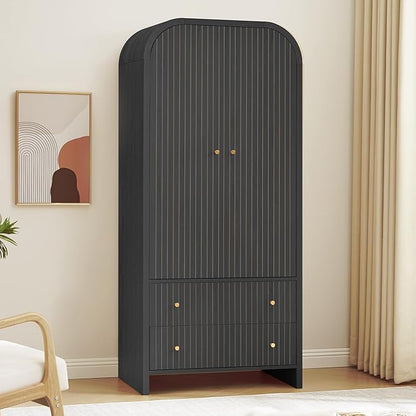 LEVNARY Arched Armoire Wardrobe Closet, Mid-Century Modern 2-Door Freestanding Wardrobe with Hanging Rod and 2 Drawers, Fluted Carved Clothing Storage Cabinet for Bedroom (Black)
