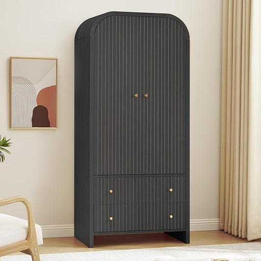 LEVNARY Arched Armoire Wardrobe Closet, Mid-Century Modern 2-Door Freestanding Wardrobe with Hanging Rod and 2 Drawers, Fluted Carved Clothing Storage Cabinet for Bedroom (Black)