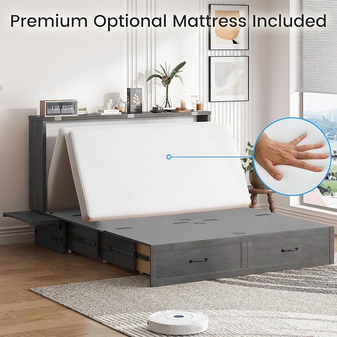 PUREMIND Queen Murphy Bed with Mattress Included, Murphy Cabinet Bed with Storage Drawer, Built-in Charging Station, Solid Wood Frame, Space-Saving Cabinet Beds for Small Spaces/Guest Room (Gray)