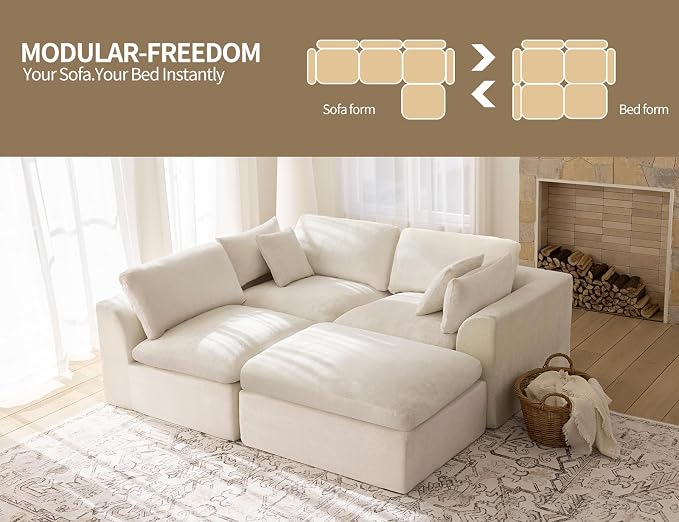 115" Modular Sectional Sofa – Modern Cloud Couch with Deep Chenille Seats, L-Shape Boneless Couch for Living Room, No Assembly, Warm White (3 Seater + 1 Ottoman)