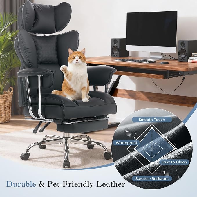 DUMOS Big and Tall Office Chair 400 LBS, Scratch-Resistant PU Leather Executive Office Desk Chair with Footrest, Ergonomic Reclining Computer Chairs with Pocket Spring Support, Black