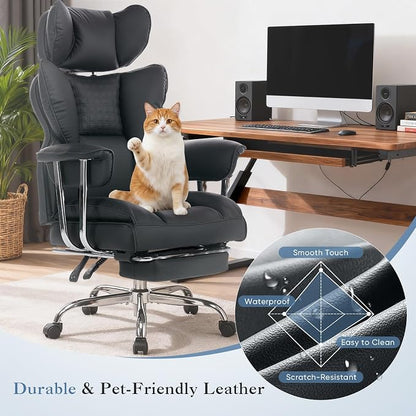 DUMOS Big and Tall Office Chair 400 LBS, Scratch-Resistant PU Leather Executive Office Desk Chair with Footrest, Ergonomic Reclining Computer Chairs with Pocket Spring Support, Black