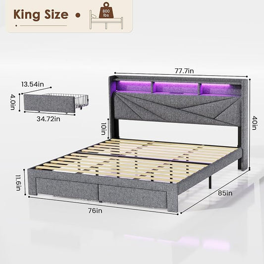 Driftalia LED King Size Bed Frame with 2 Storage Drawers, Upholstered King Bed Frame with Headboard and Charging Station, No Box Spring Needed, Easy to Assembly-Light Grey