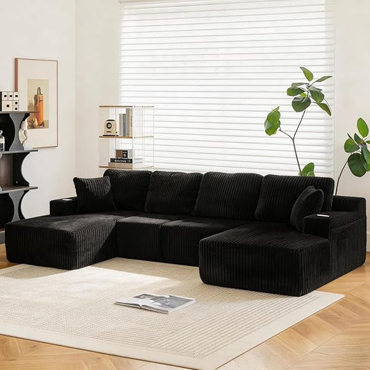 130" U-Shaped Modular Sectional Sofa with Chaise, Boneless Corduroy Flexible Module Seating for Living Room, Cloud Couch with Cup Holders and Side Pockets, No Assembly (Black)
