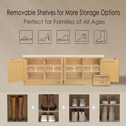 DINZI LVJ Shoe Bench, Entryway Storage Bench with Doors, Cushion, 2-Tier Shoe Rack with 8-Cubby, 47.2”L x 13.8”W Shoe Organizer Cabinet, Adjustable Shelf, Living Room, Bedroom, Natural with Rattan