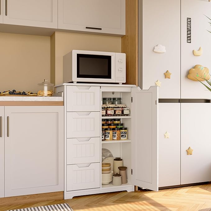 Gizoon Small Pantry with Door and Shelves, 33'' Small Coffee Bar Cabinet with 4 Drawers Kitchen Pantry Storage Cabinet for Kitchen and Living Room, White, Painted