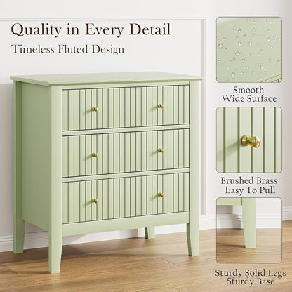 Night Stand, Fluted 3 Drawer Wide Farmhouse Nightstand with Gold Handle, Modern Wooden Bedside End Table for Bedroom, Living Room, Pale Green