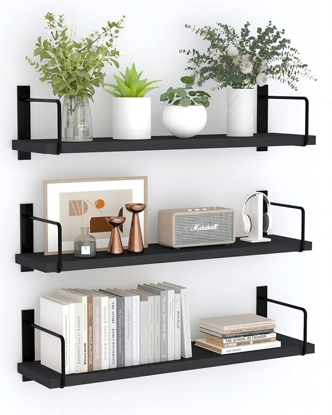 Floating Shelves, 24 Inches Easy to Install Wall Mounted Shelves, Set of 3, Rustic Wood Shelves for Wall Decor, Storage Shelves for Living Room (Black)