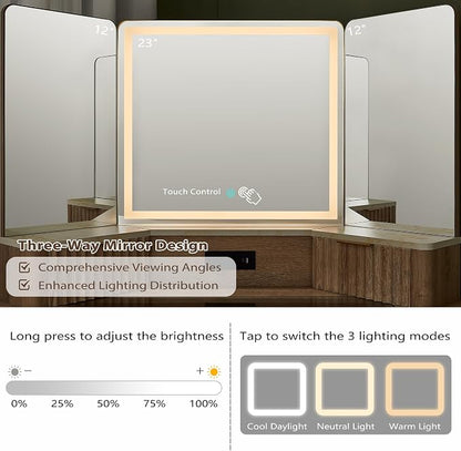 T4TREAM Fluted Makeup Vanity Desk with 3 Way Mirror and Lights, 48" Large Corner Vanity Table with Glass Top, Charging Station, 3 Drawers, Storage Cabinets & Shelves, for Bedroom, Natural Oak