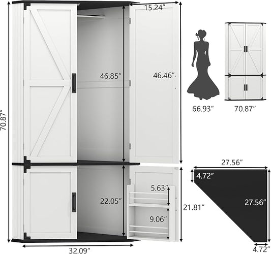 Gyfimoie Corner Wardrobe Closet with Doors, 71" Tall Freestanding Armoire Cabinet with Hanging Rod, Farmhouse Corner Storage Cabinet for Bedroom, White Wooden Corner Closet Organizer for Small Space