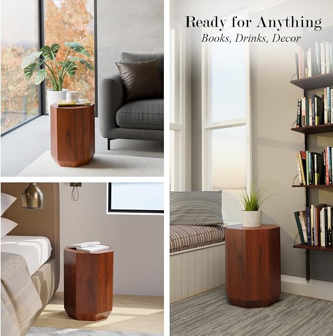 Relso Octavian Geometric End Table - Solid Mango Wood, Walnut Finish, Boho Design, Modern Farmhouse Style, Compact Coffee Table, Nightstand for Bedroom, Living Room, Reading Area (Octavian Brown)