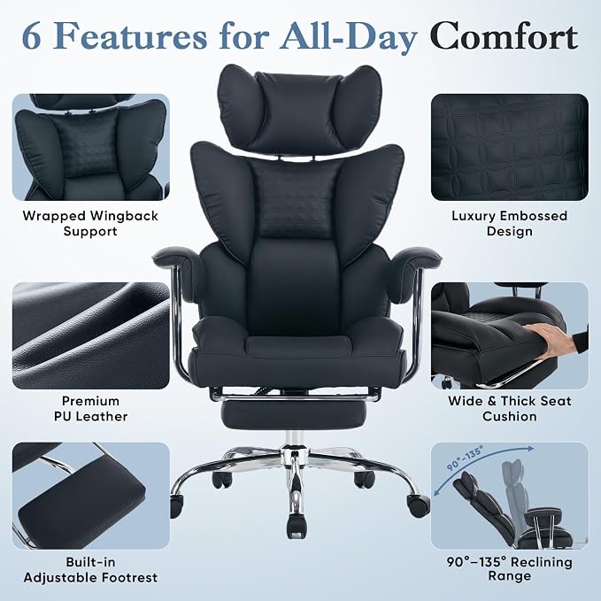 DUMOS Big and Tall Office Chair 400 LBS, Scratch-Resistant PU Leather Executive Office Desk Chair with Footrest, Ergonomic Reclining Computer Chairs with Pocket Spring Support, Black