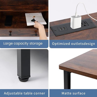 Edbuosy 3 Wooden Drawers Night Stand, 27 Inch Wide Nightstand with Charging Station and Adjustable Drawers, Small Dresser for Closet, Bedside Table for Living Room/Bedroom/Office, Retro Brown