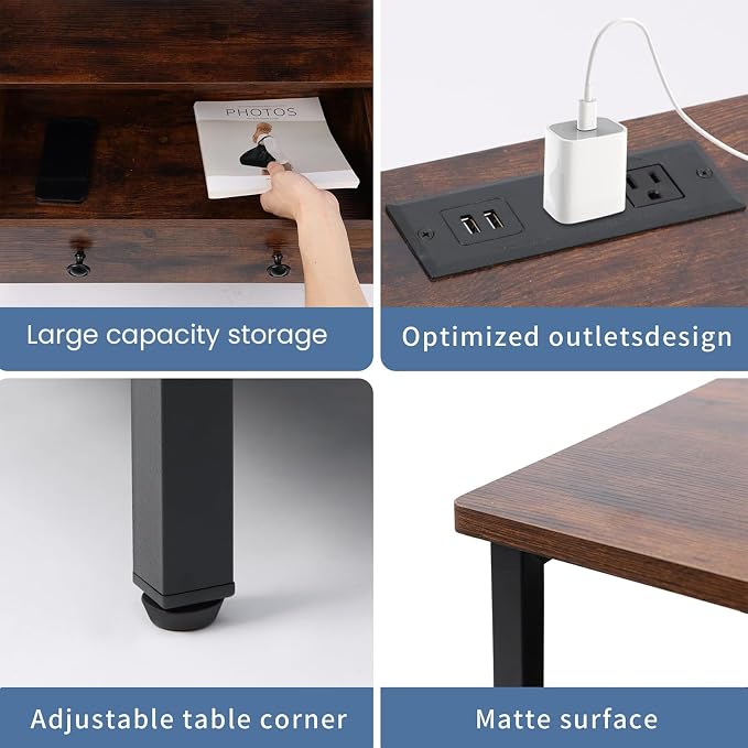 Edbuosy 3 Wooden Drawers Night Stand, 27 Inch Wide Nightstand Set 2 with Charging Station and Adjustable Drawers, Small Dresser for Closet, Bedside Table for Living Room/Bedroom/Office, Retro Brown
