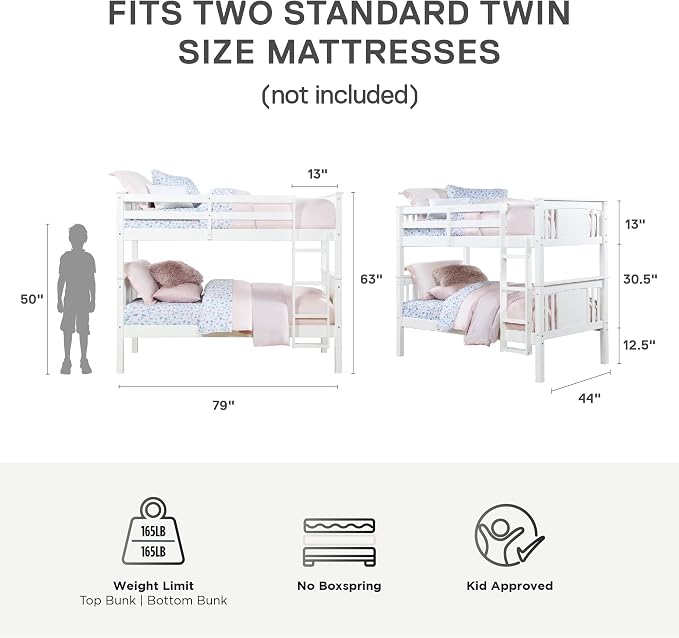DHP Dylan Convertible Wood Bunk Bed, Stackable and Detachable Bed Frames for Kids and Teens, with Ladder, High Guardrail, Wood Slats, No Boxspring Required, Twin-Over-Twin, White