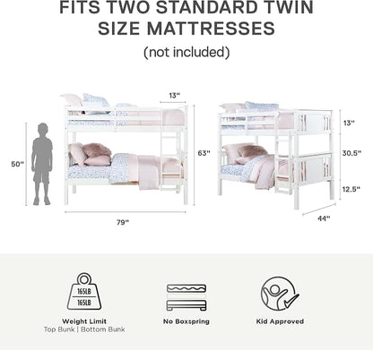 DHP Dylan Convertible Wood Bunk Bed, Stackable and Detachable Bed Frames for Kids and Teens, with Ladder, High Guardrail, Wood Slats, No Boxspring Required, Twin-Over-Twin, White