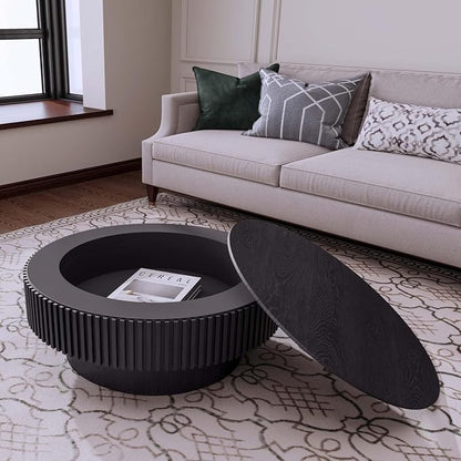 Round Coffee Table with Storage, Modern Wooden Coffee Table with Solid Wood Veneered, Circle Center Table Accent Tea Table for Living Room Apartment Small Space (31.5''L × 31.5''W × 14''H, Black)