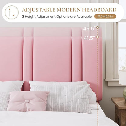 SHA CERLIN King Size Platform Bed Frame, Velvet Upholstered Bed with Adjustable Headboard, Vertical Channel Tufted Design, Sturdy Wood Slat Support, No Box Spring Needed, Easy Assembly, Pink