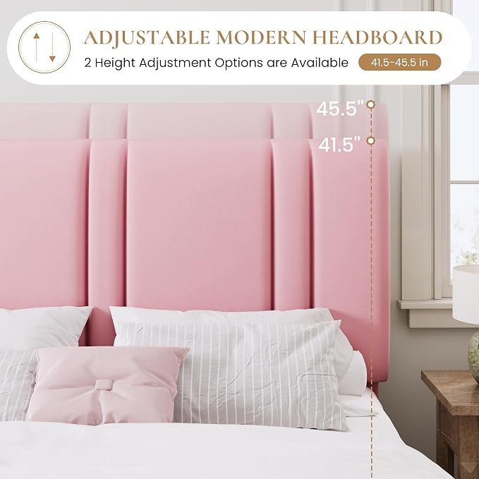 SHA CERLIN Queen Size Platform Bed Frame, Velvet Upholstered Bed with Adjustable Headboard, Vertical Channel Tufted Design, Sturdy Wood Slat Support, No Box Spring Needed, Easy Assembly, Pink