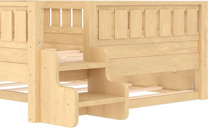 Bellemave Full Kids Montessori Bed with Stairs, Bookshelf and Trundle, Solid Wood Kids Bed Frame with Storage for Boys Girls, Low Profile,Light Natural